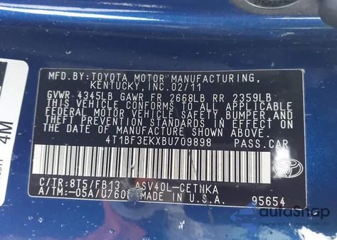 2011 Toyota Camry Le z USA, uszkodzony, nr VIN 4T1BF3EKXBU709898